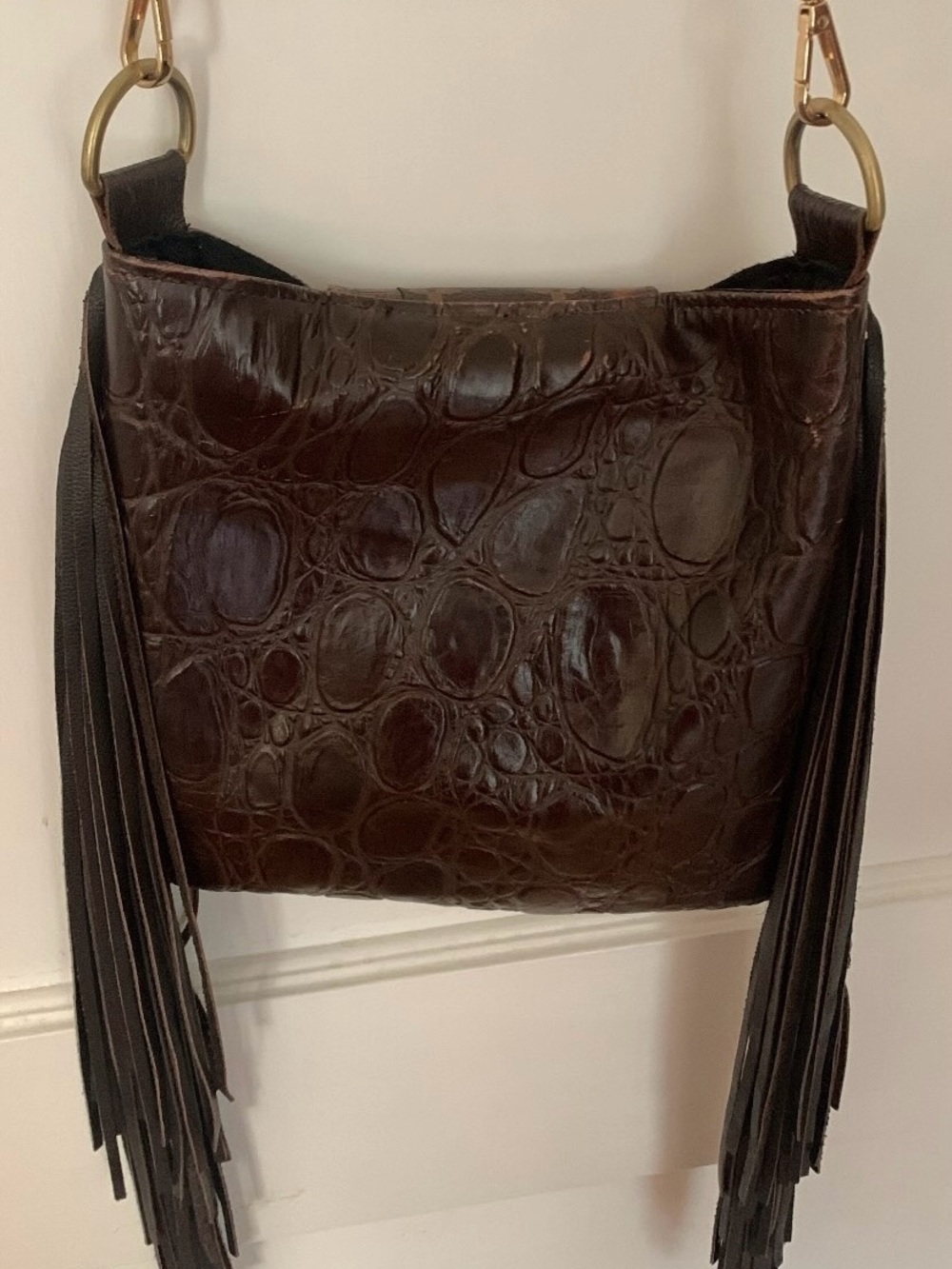 Upcycled Louis Vuitton Material, Brown & White Cowhide Fringe Shoulder Bag - Picture 6 of 8